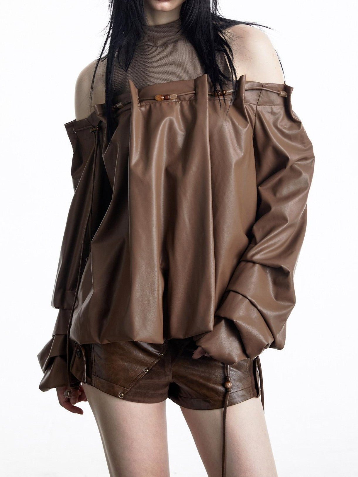 NORTH NODE Beaded Ribbed Spliced Off Shoulder Drawstring Pullover Women&