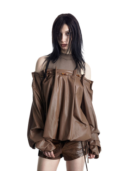 NORTH NODE Beaded Ribbed Spliced Off Shoulder Drawstring Pullover Women&