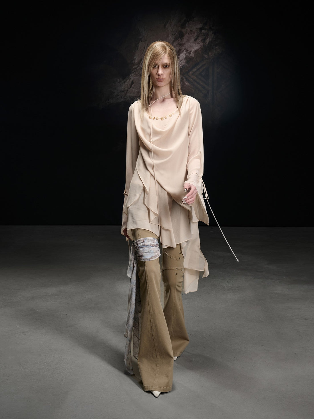 NORTH NODE Beaded Spliced Irregular Ruffle Long Sleeve Women&