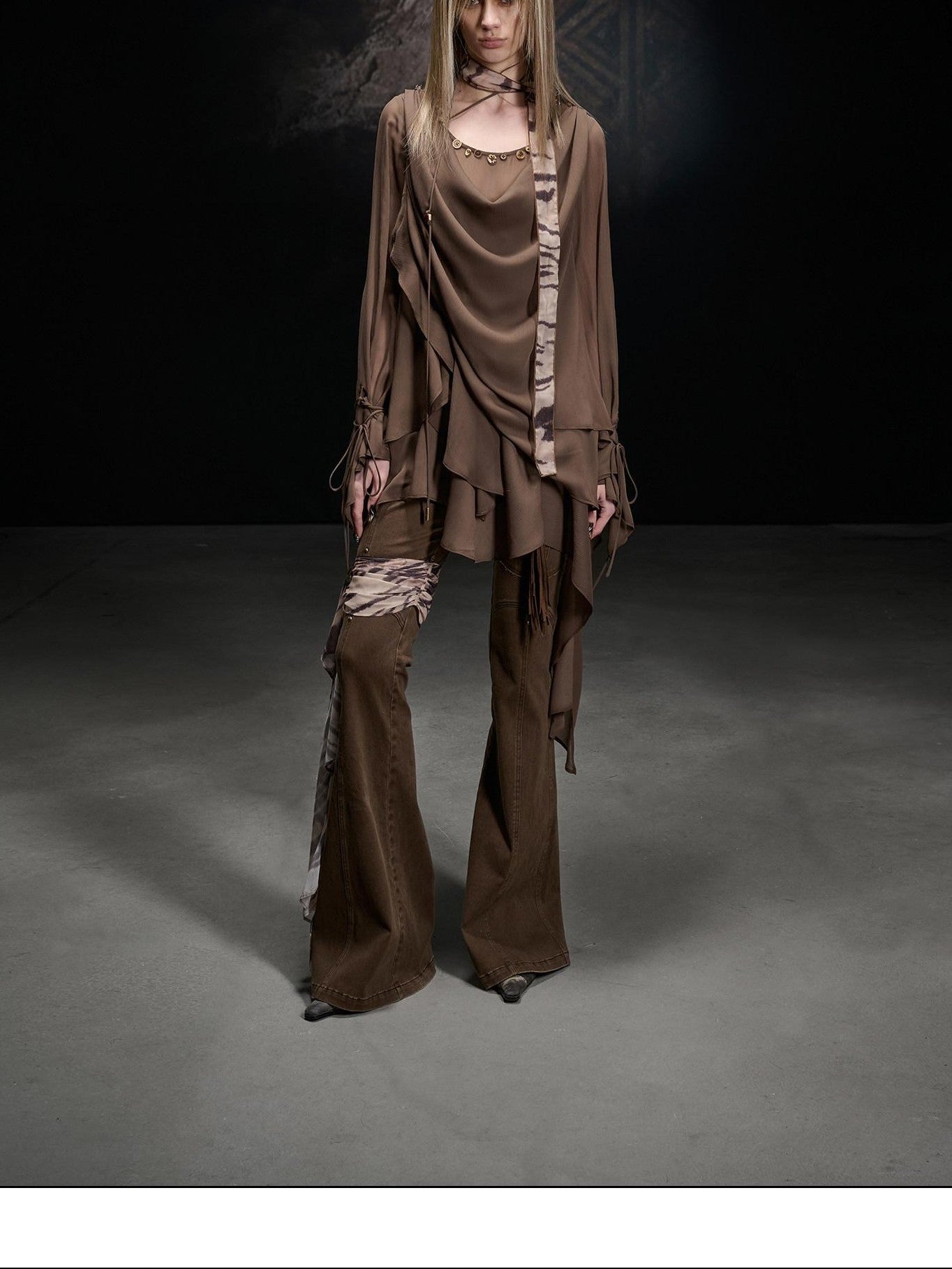 NORTH NODE Beaded Spliced Irregular Ruffle Long Sleeve Women&