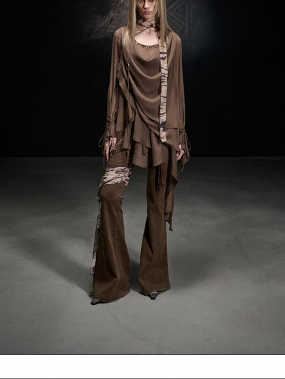 NORTH NODE Beaded Spliced Irregular Ruffle Long Sleeve Women&