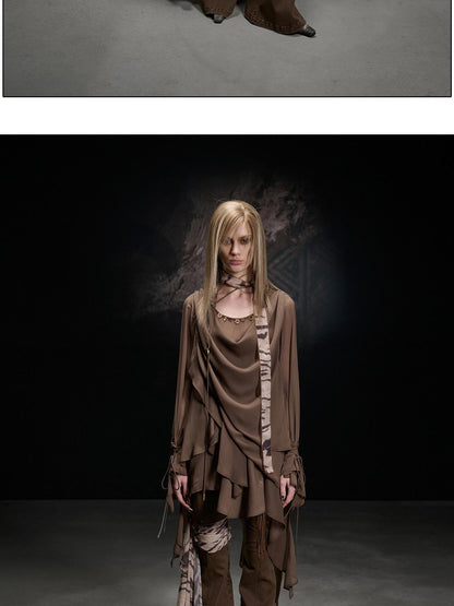 NORTH NODE Beaded Spliced Irregular Ruffle Long Sleeve Women&