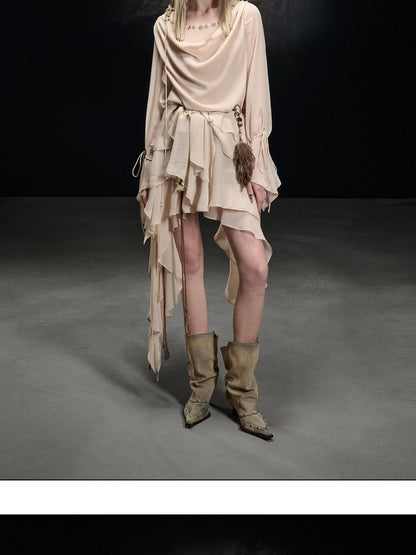 NORTH NODE Beaded Spliced Irregular Ruffle Long Sleeve Women&