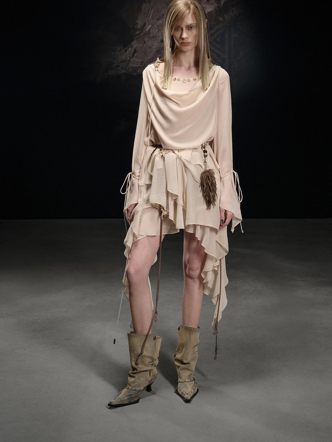 NORTH NODE Beaded Spliced Irregular Ruffle Long Sleeve Women&