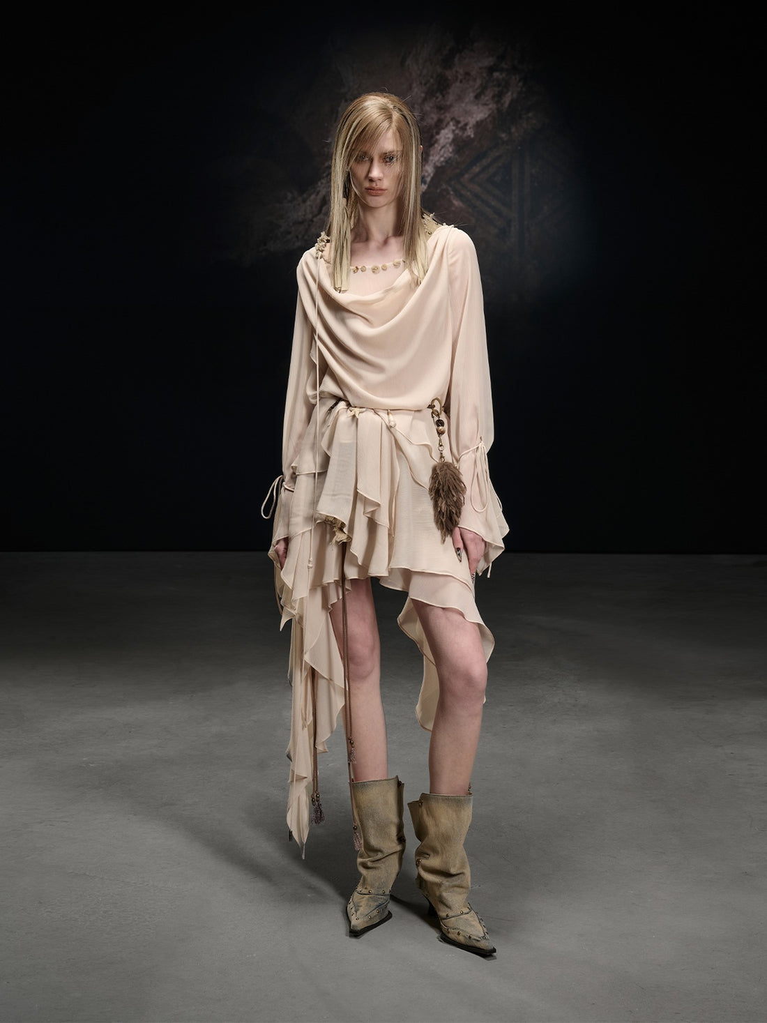 NORTH NODE Beaded Spliced Irregular Ruffle Long Sleeve Women&