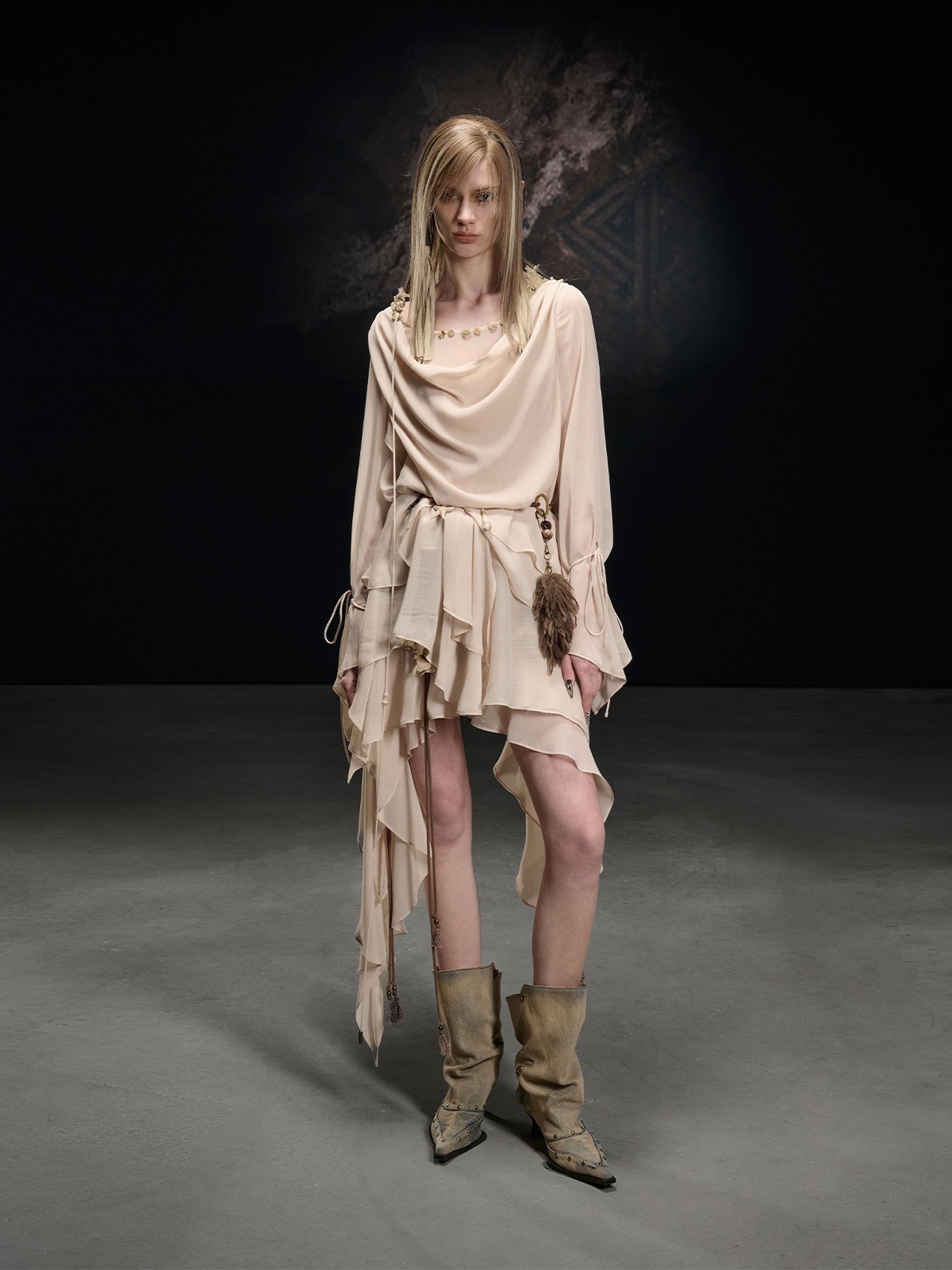NORTH NODE Beaded Spliced Irregular Ruffle Long Sleeve Women&