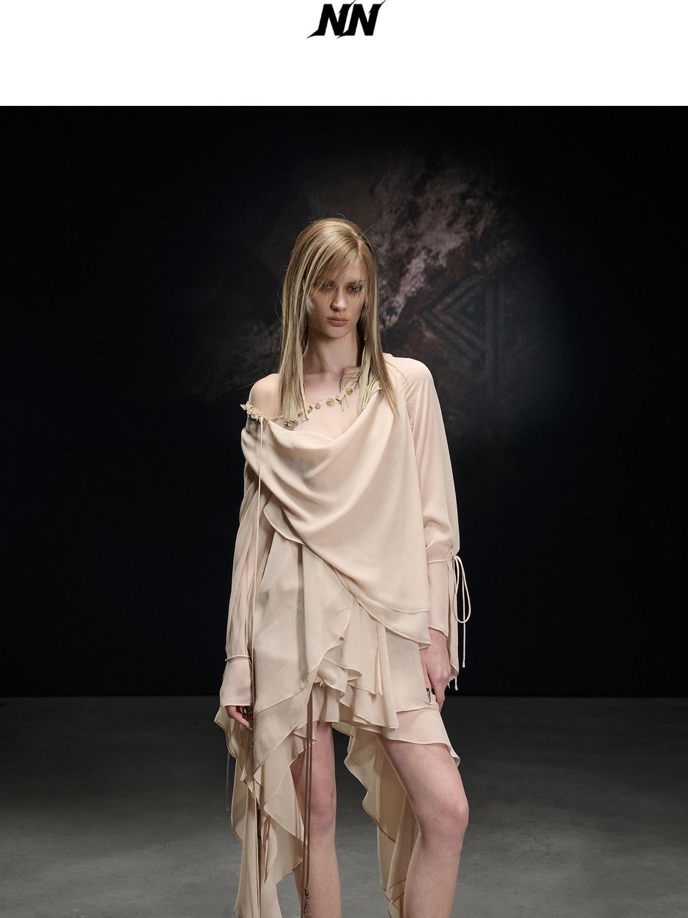NORTH NODE Beaded Spliced Irregular Ruffle Long Sleeve Women&