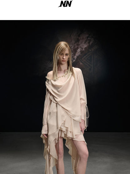 NORTH NODE Beaded Spliced Irregular Ruffle Long Sleeve Women&