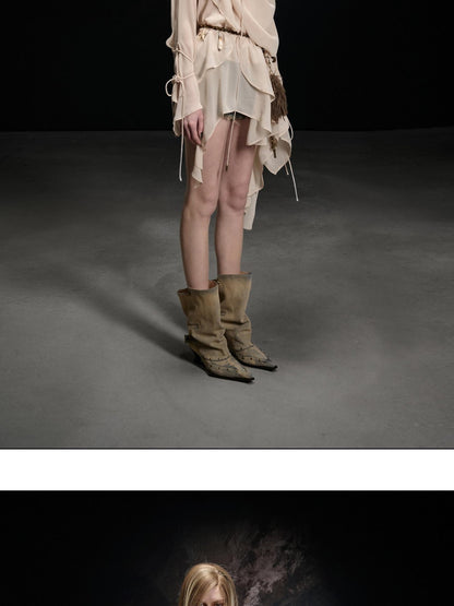 NORTH NODE Beaded Spliced Irregular Ruffle Long Sleeve Women&