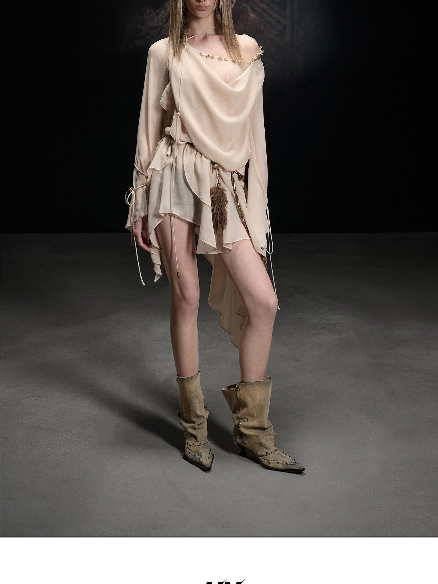 NORTH NODE Beaded Spliced Irregular Ruffle Long Sleeve Women&