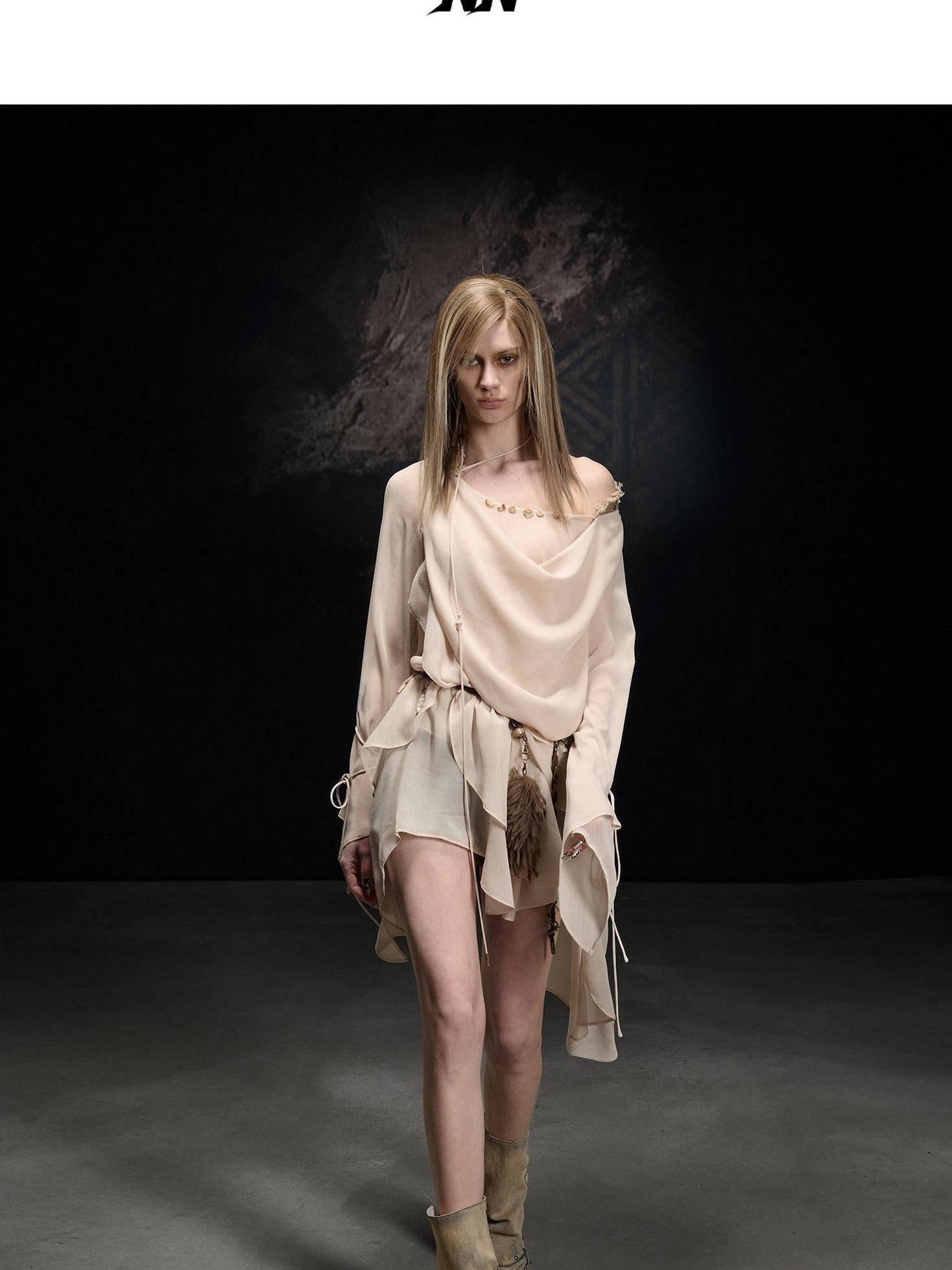 NORTH NODE Beaded Spliced Irregular Ruffle Long Sleeve Women&