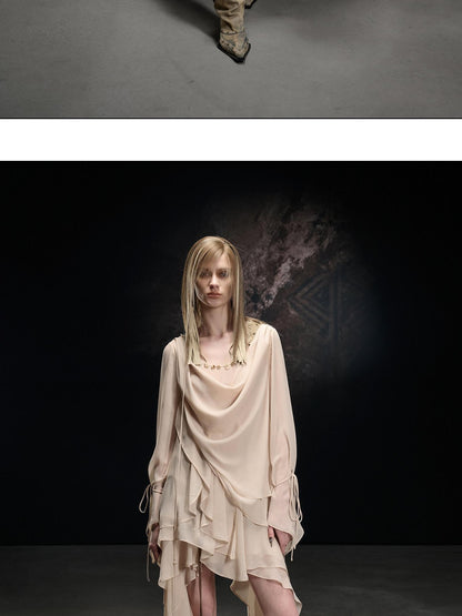 NORTH NODE Beaded Spliced Irregular Ruffle Long Sleeve Women&