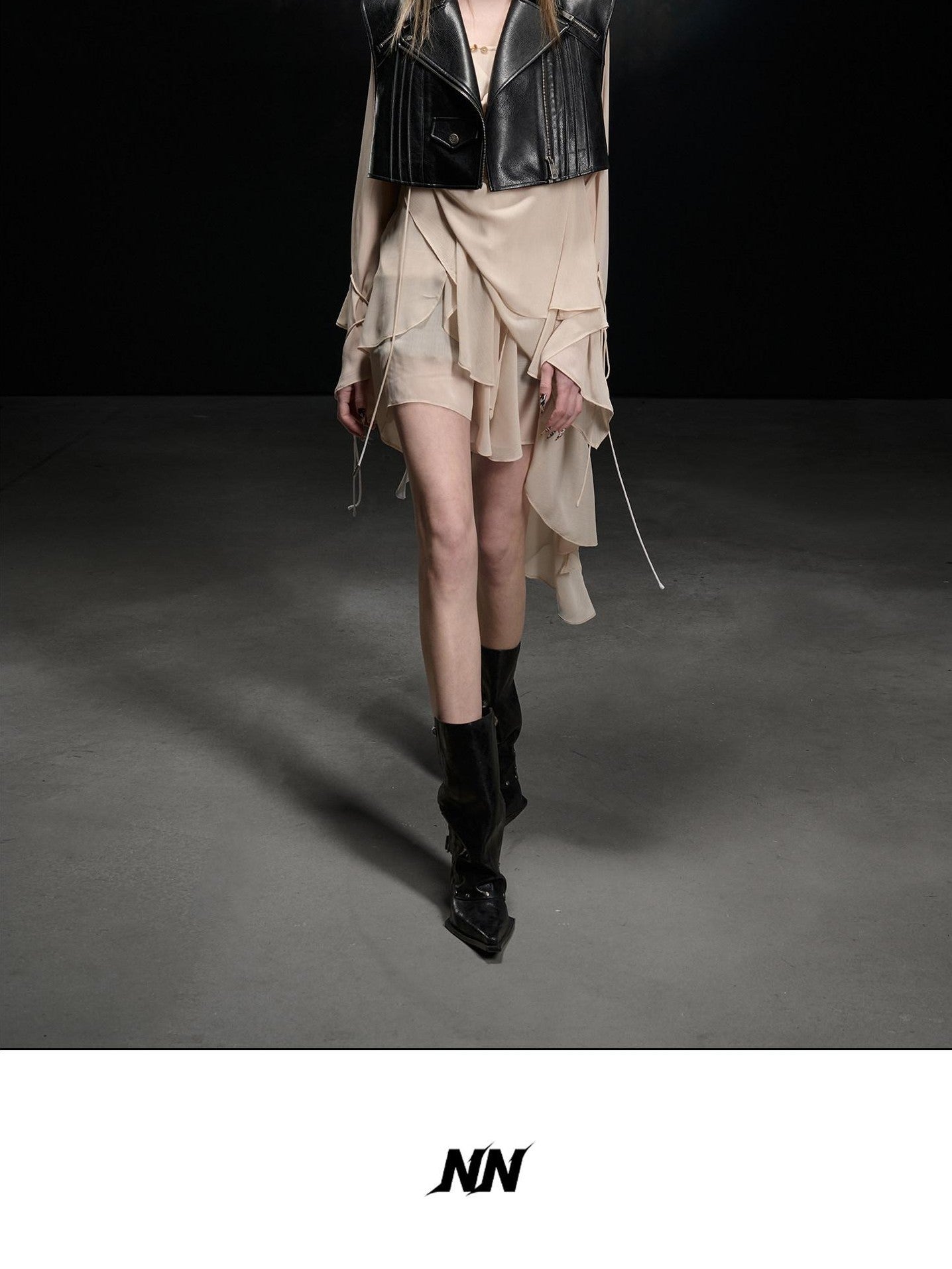 NORTH NODE Beaded Spliced Irregular Ruffle Long Sleeve Women&