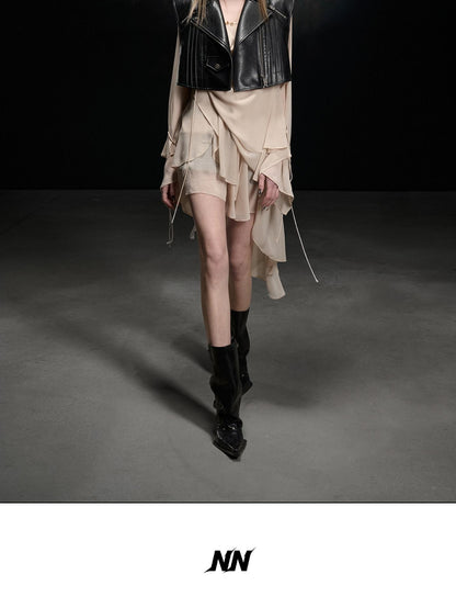 NORTH NODE Beaded Spliced Irregular Ruffle Long Sleeve Women&