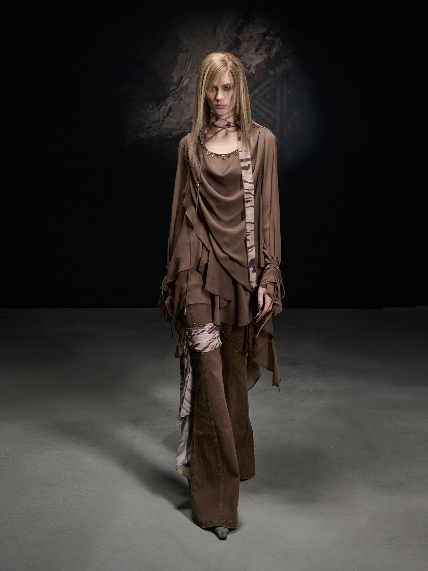 NORTH NODE Beaded Spliced Irregular Ruffle Long Sleeve Women&