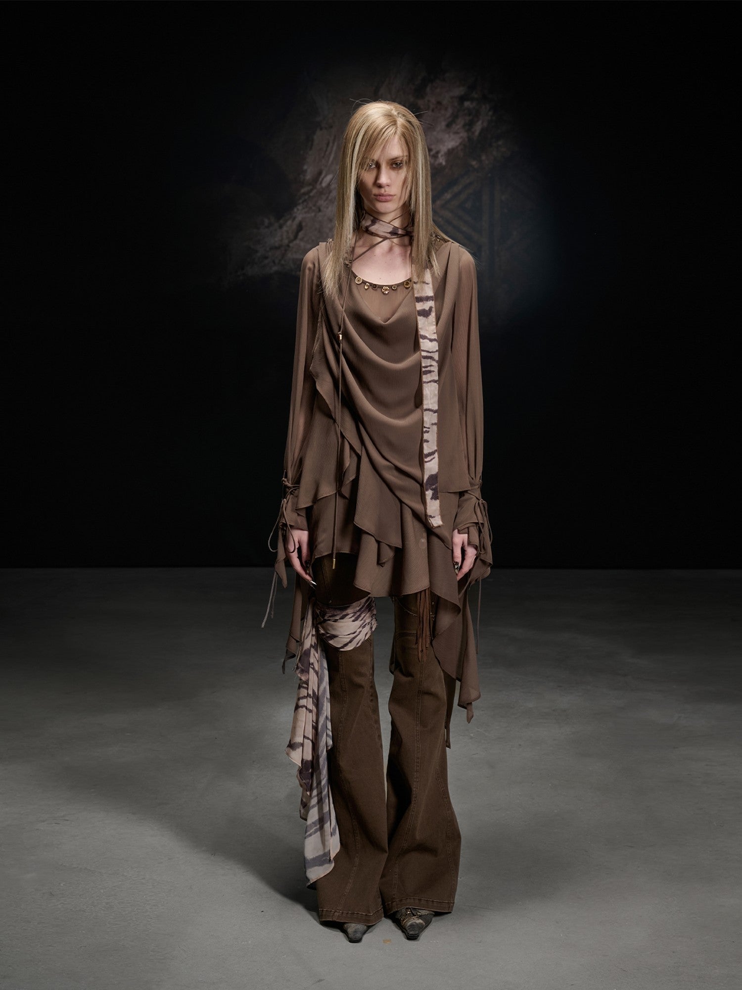 NORTH NODE Beaded Spliced Irregular Ruffle Long Sleeve Women&
