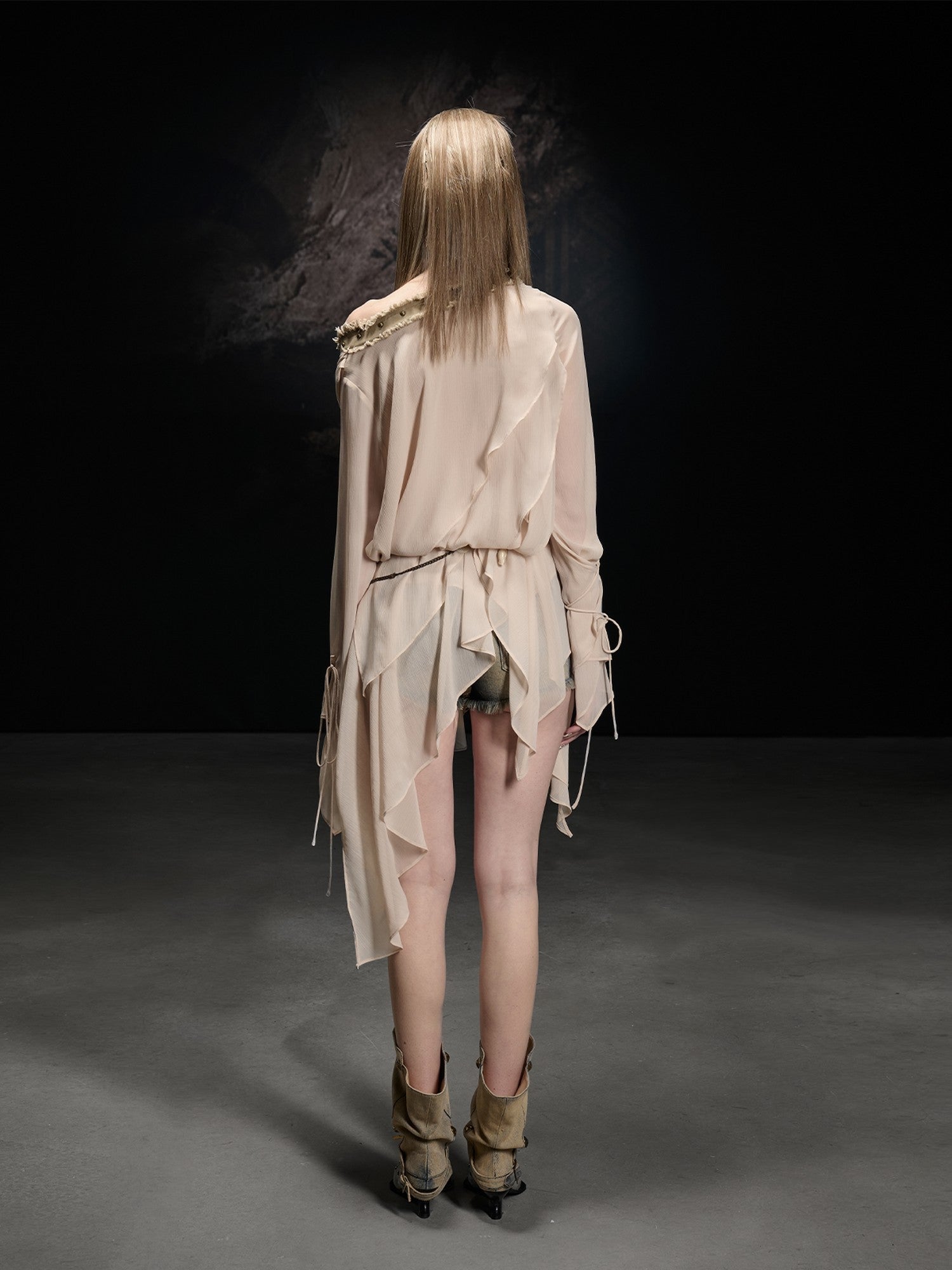 NORTH NODE Beaded Spliced Irregular Ruffle Long Sleeve Women&