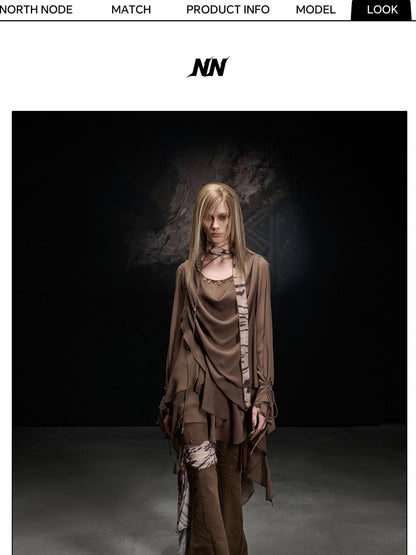 NORTH NODE Beaded Spliced Irregular Ruffle Long Sleeve Women&