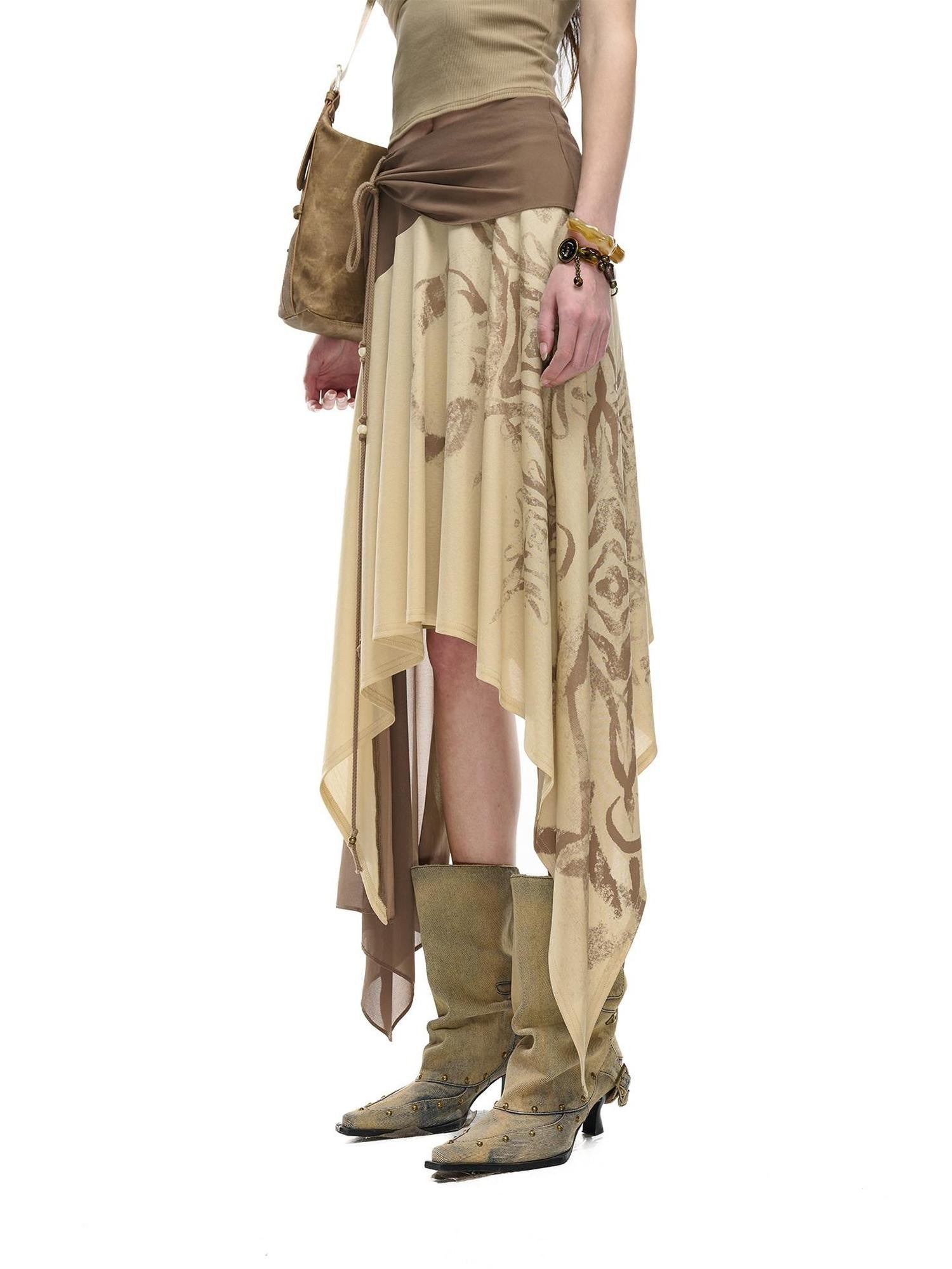 NORTH NODE Beaded Tie Splice Printed Asymmetric Ruffle Women&