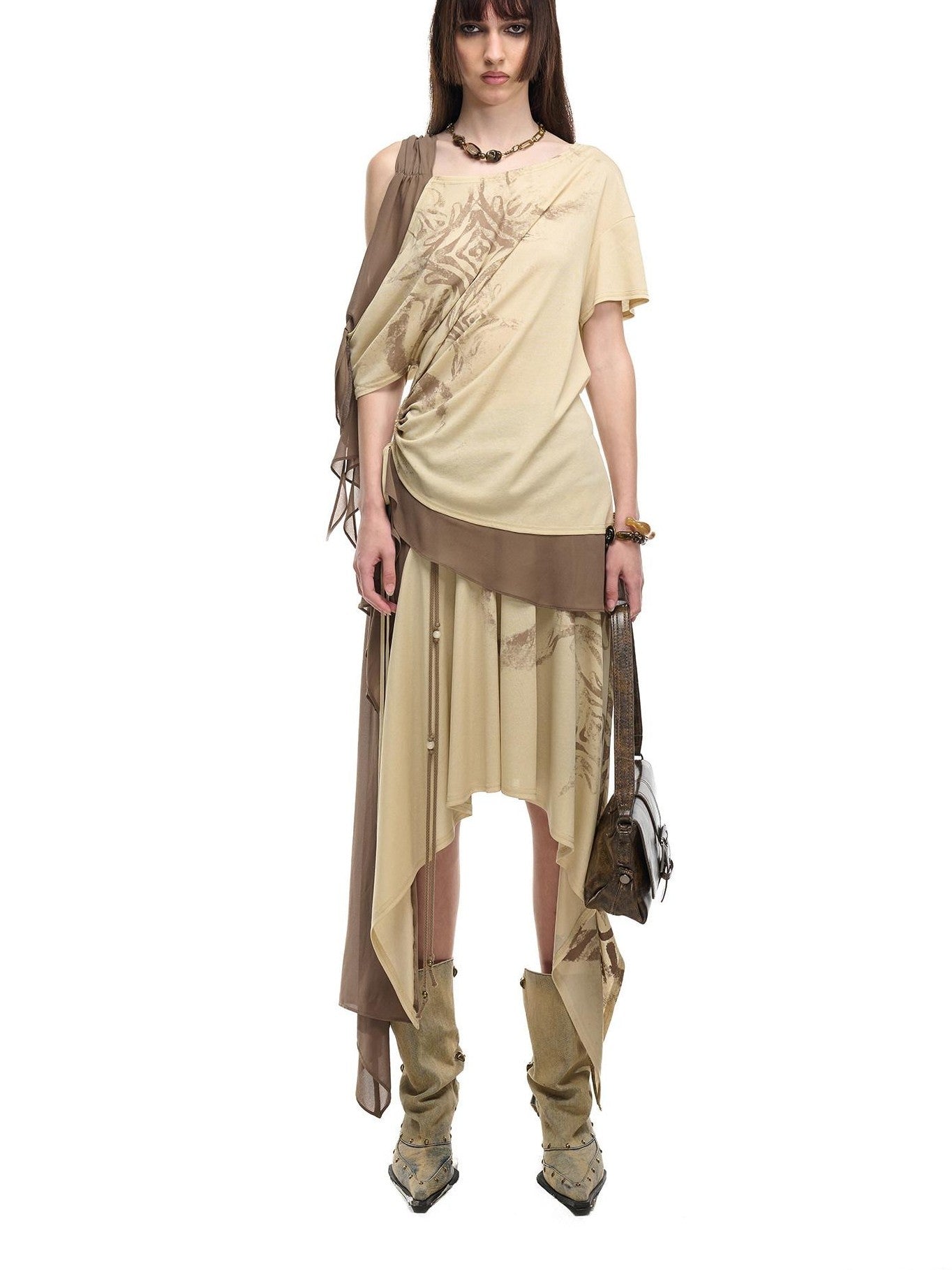 NORTH NODE Beaded Tie Splice Printed Asymmetric Ruffle Women&