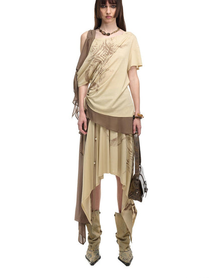 NORTH NODE Beaded Tie Splice Printed Asymmetric Ruffle Women&