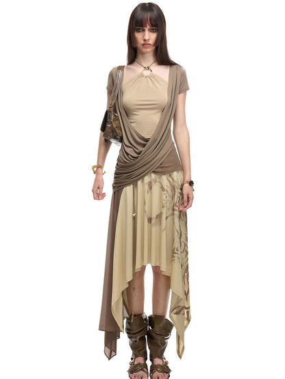 NORTH NODE Beaded Tie Splice Printed Asymmetric Ruffle Women&