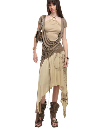 NORTH NODE Beaded Tie Splice Printed Asymmetric Ruffle Women&