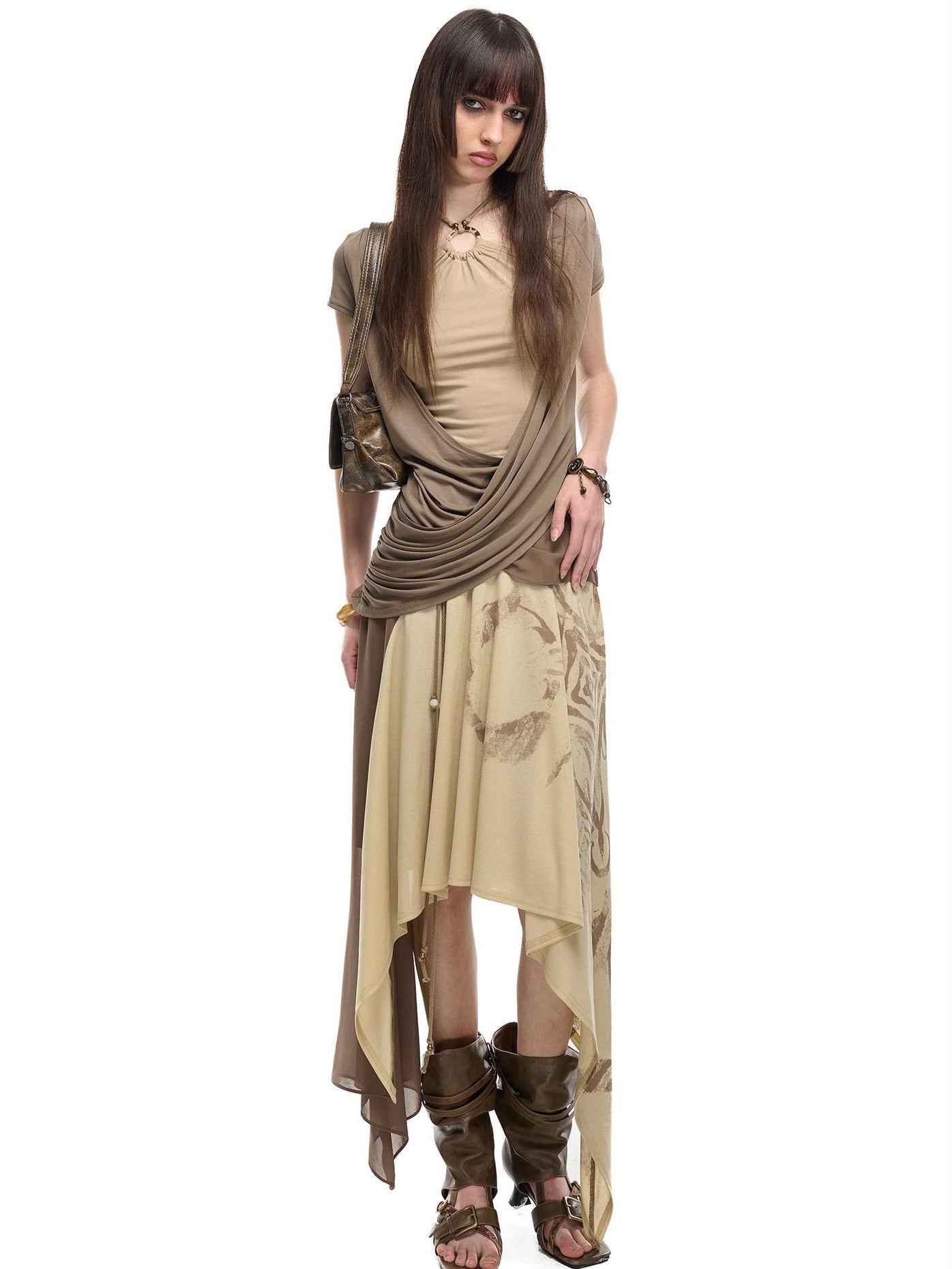 NORTH NODE Beaded Tie Splice Printed Asymmetric Ruffle Women&