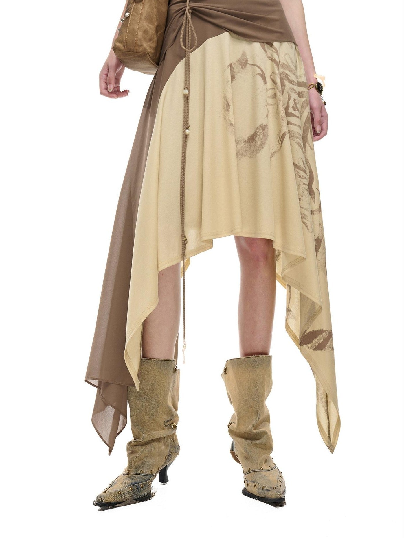 NORTH NODE Beaded Tie Splice Printed Asymmetric Ruffle Women&