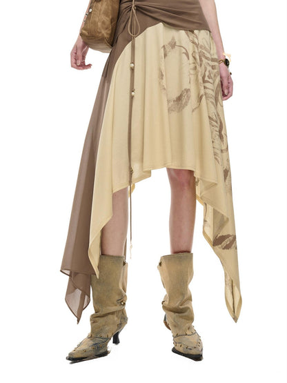 NORTH NODE Beaded Tie Splice Printed Asymmetric Ruffle Women&