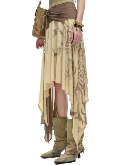 NORTH NODE Beaded Tie Splice Printed Asymmetric Ruffle Women&