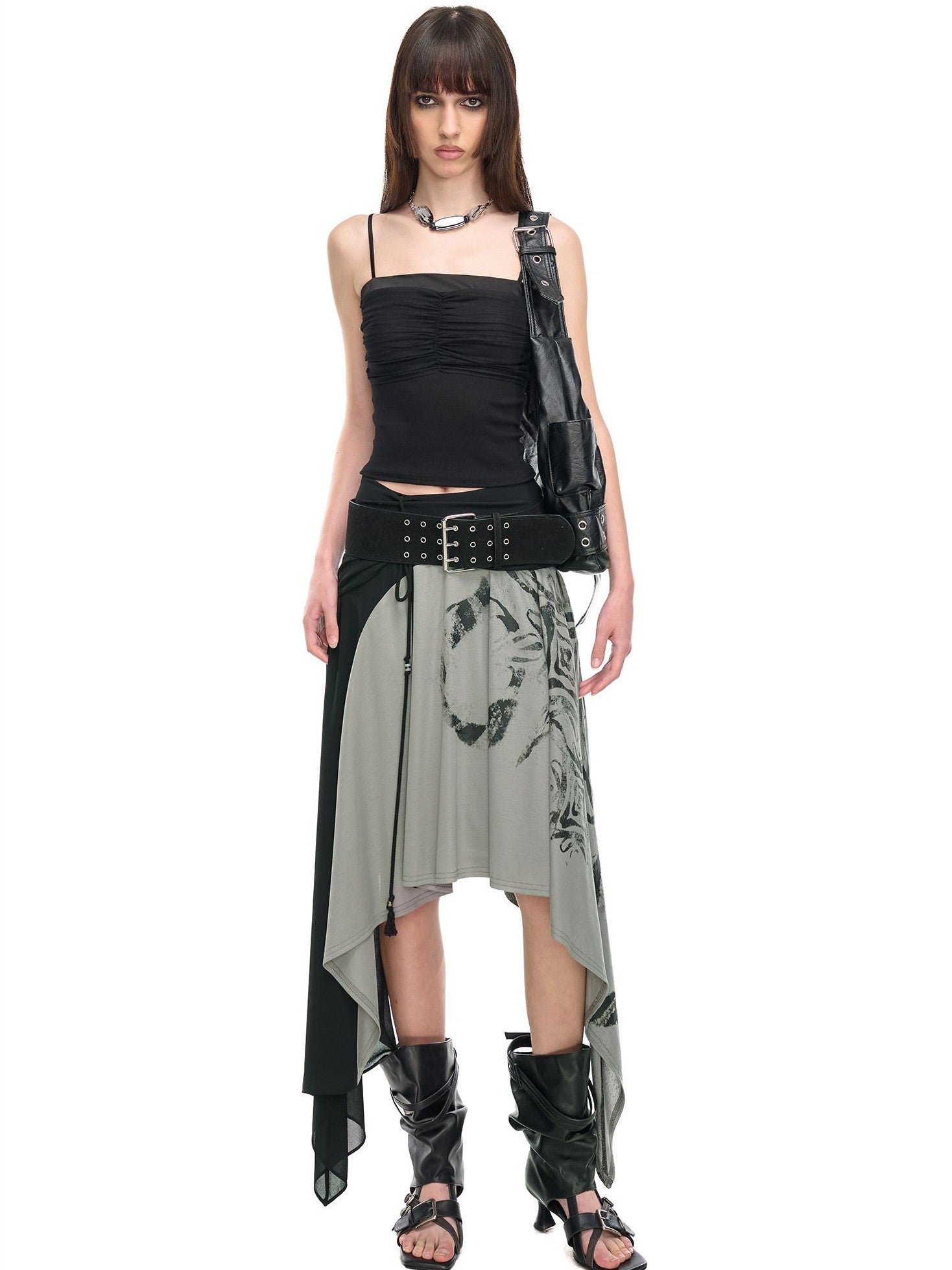 NORTH NODE Beaded Tie Splice Printed Asymmetric Ruffle Women&