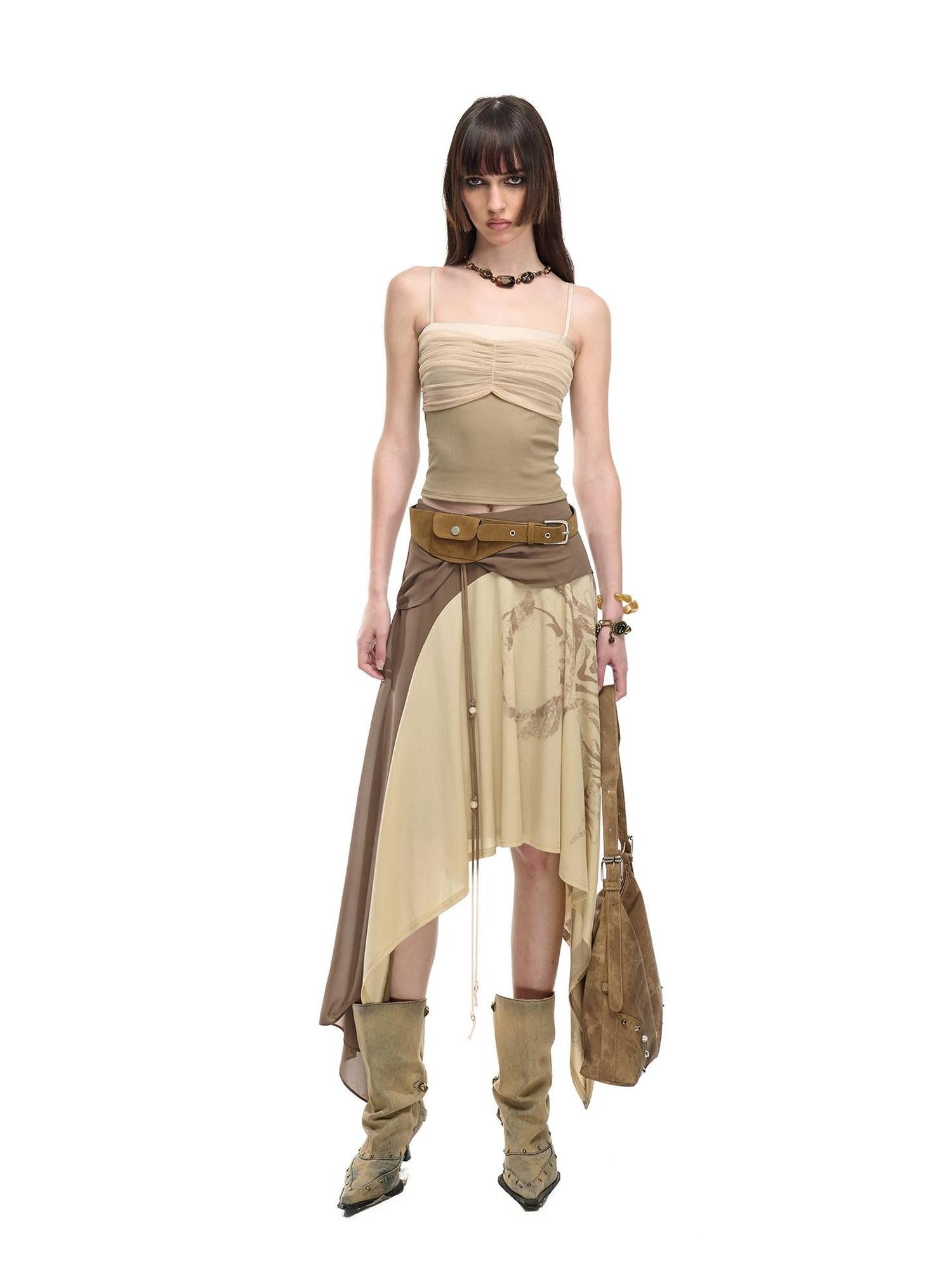 NORTH NODE Beaded Tie Splice Printed Asymmetric Ruffle Women&