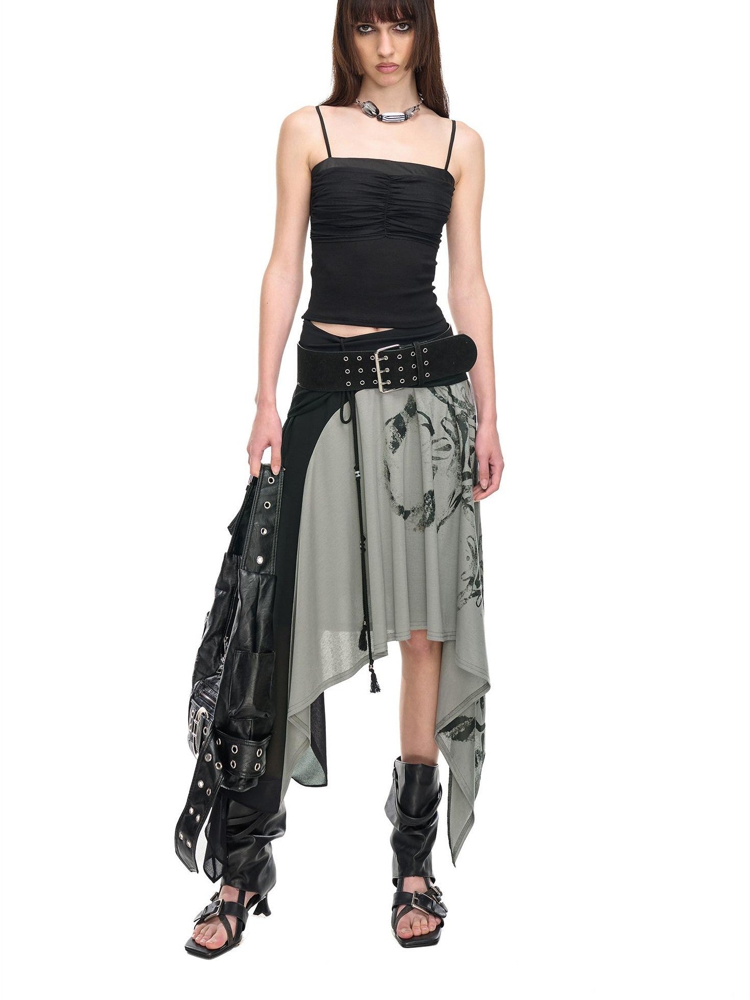NORTH NODE Beaded Tie Splice Printed Asymmetric Ruffle Women&