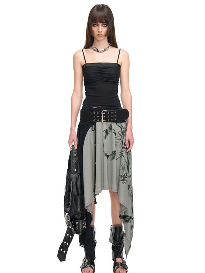 NORTH NODE Beaded Tie Splice Printed Asymmetric Ruffle Women&