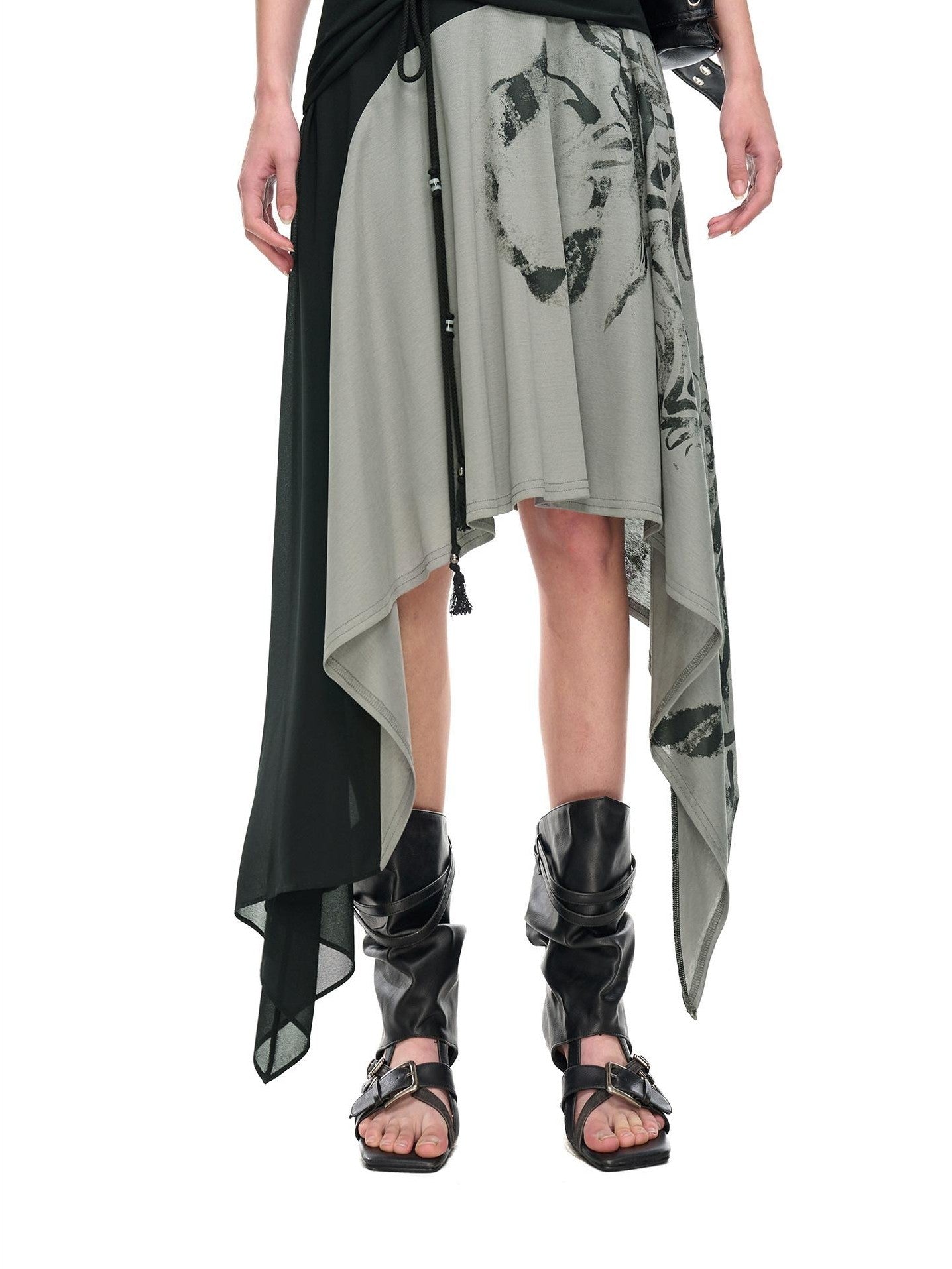 NORTH NODE Beaded Tie Splice Printed Asymmetric Ruffle Women&