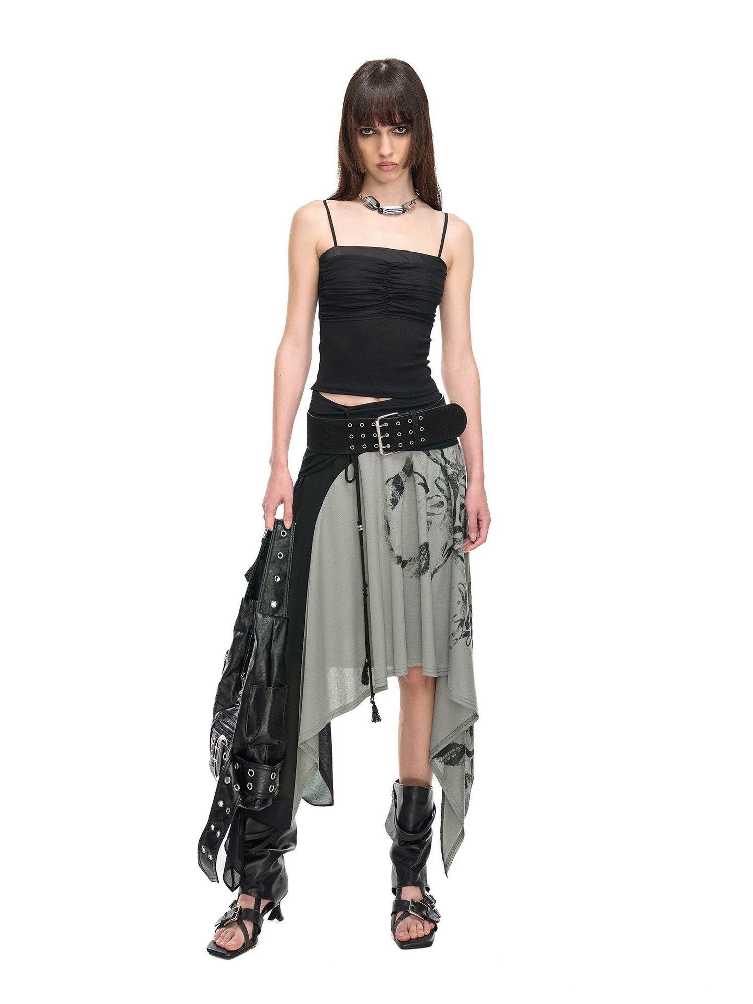 NORTH NODE Beaded Tie Splice Printed Asymmetric Ruffle Women&