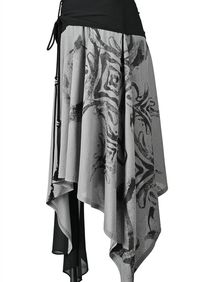 NORTH NODE Beaded Tie Splice Printed Asymmetric Ruffle Women&