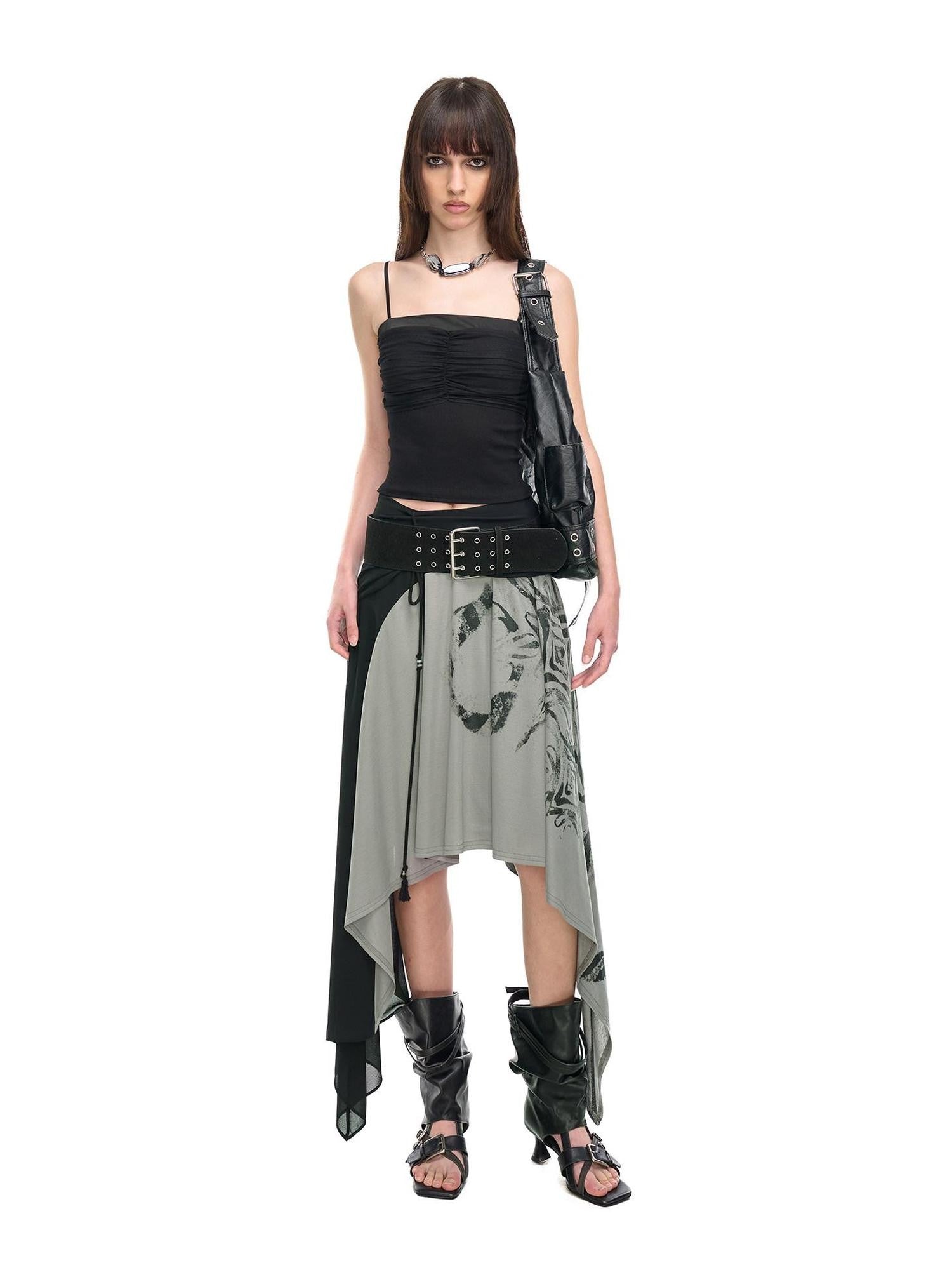 NORTH NODE Beaded Tie Splice Printed Asymmetric Ruffle Women&