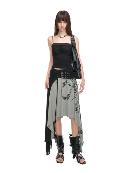 NORTH NODE Beaded Tie Splice Printed Asymmetric Ruffle Women&