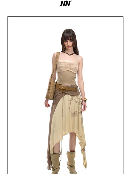 NORTH NODE Beaded Tie Splice Printed Asymmetric Ruffle Women&