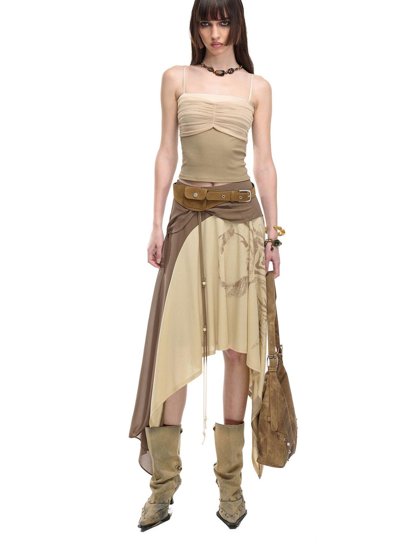 NORTH NODE Beaded Tie Splice Printed Asymmetric Ruffle Women&