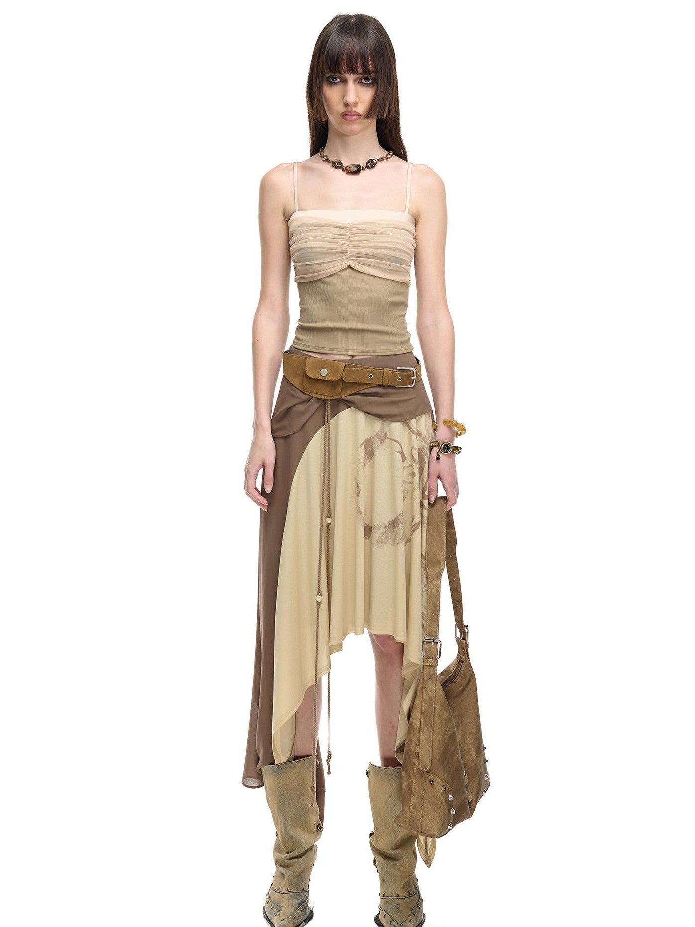 NORTH NODE Beaded Tie Splice Printed Asymmetric Ruffle Women&