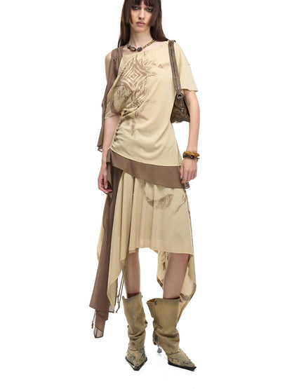 NORTH NODE Beaded Tie Splice Printed Asymmetric Ruffle Women&