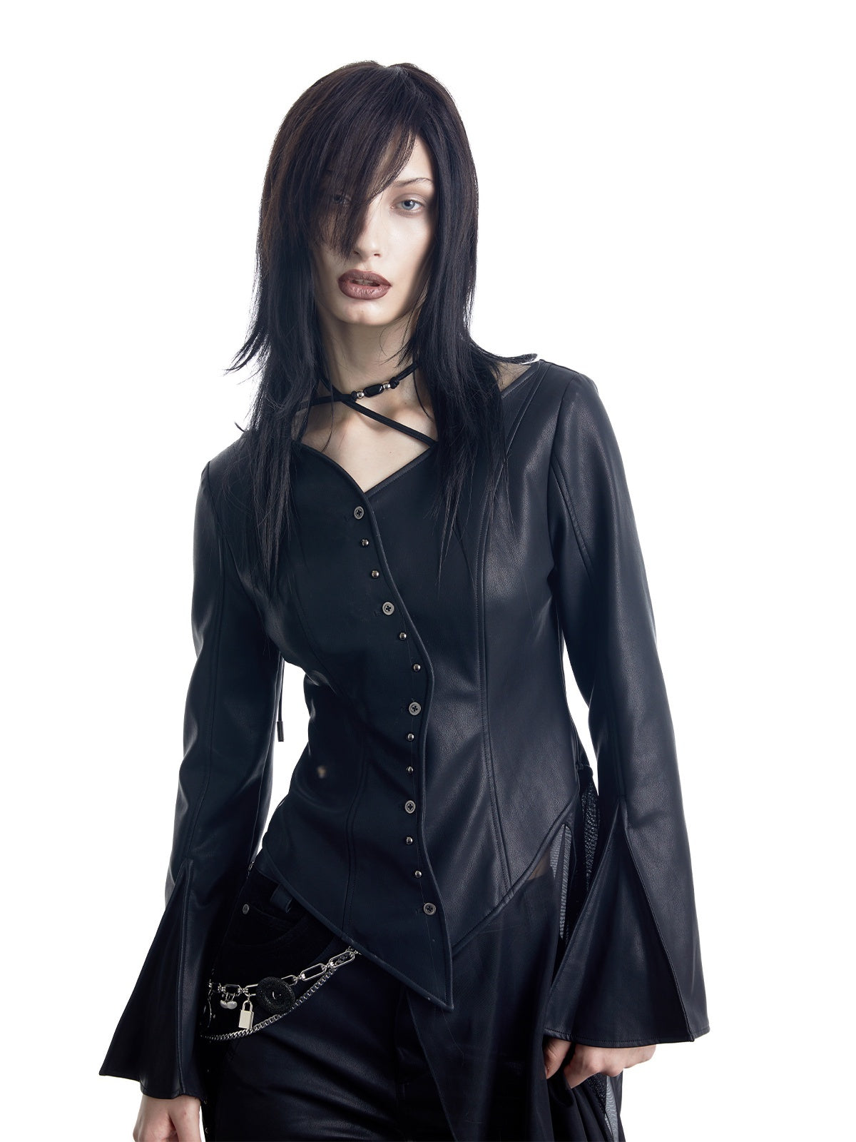 NORTH_NODE_Bell_Sleeve_Mesh_Spliced_V-neck_Single_Row_Button_Women&