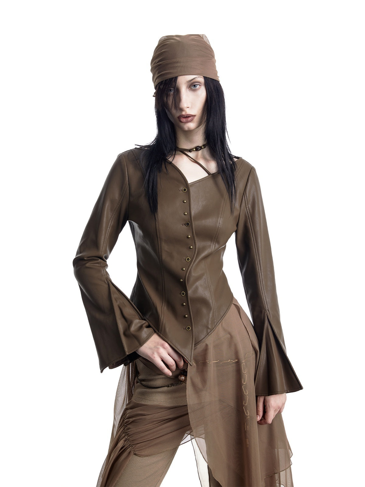 NORTH_NODE_Bell_Sleeve_Mesh_Spliced_V-neck_Single_Row_Button_Women&