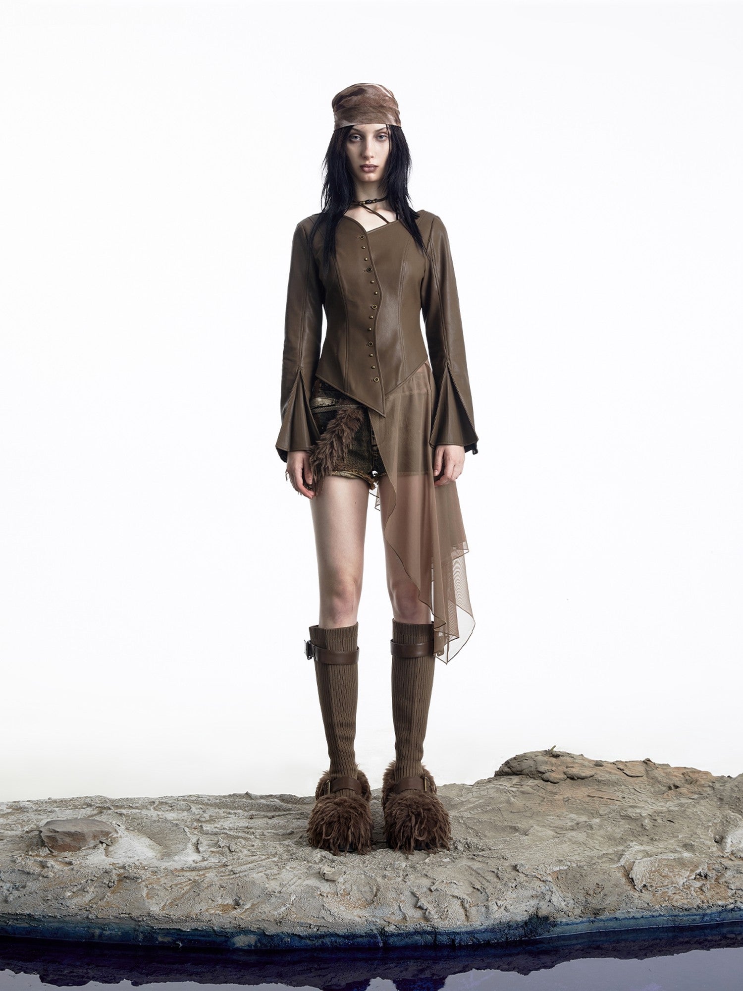 NORTH NODE Bell Sleeve Mesh Spliced V-neck Single Row Button Women&