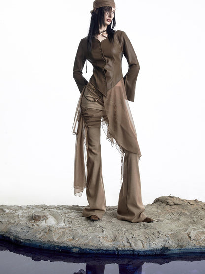 NORTH NODE Bell Sleeve Mesh Spliced V-neck Single Row Button Women&