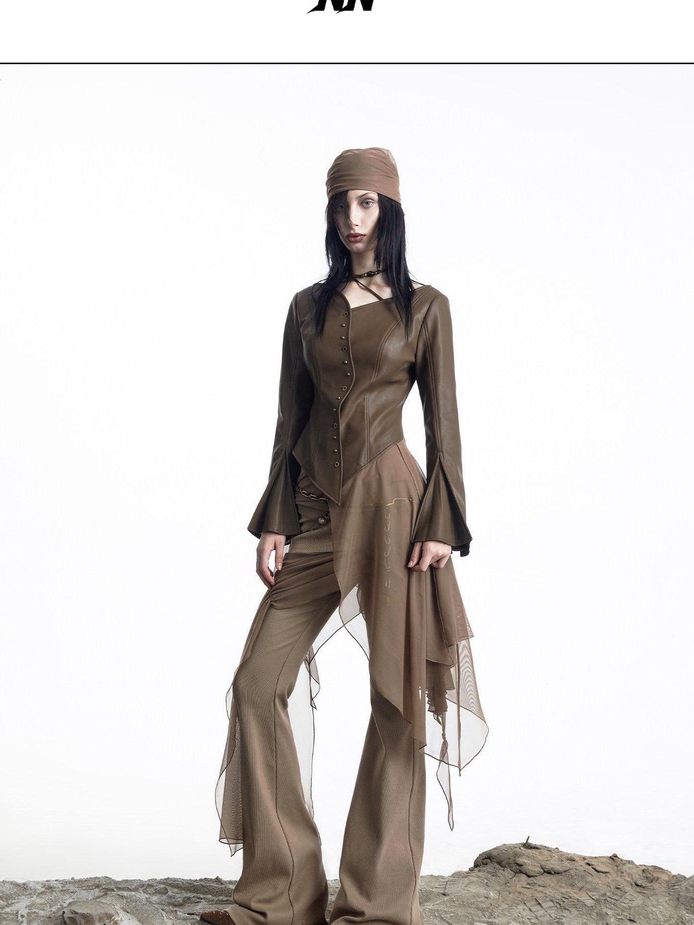 NORTH NODE Bell Sleeve Mesh Spliced V-neck Single Row Button Women&