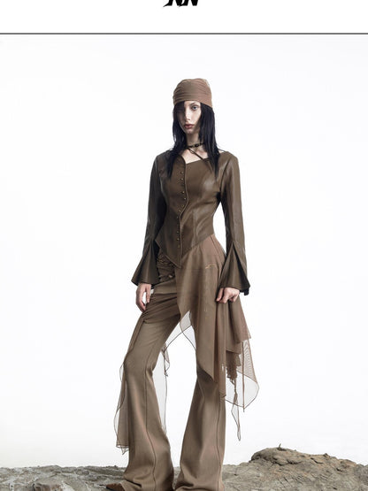 NORTH NODE Bell Sleeve Mesh Spliced V-neck Single Row Button Women&